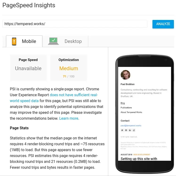 Google's Page Speed tool, showing the poor mobile performance for the website