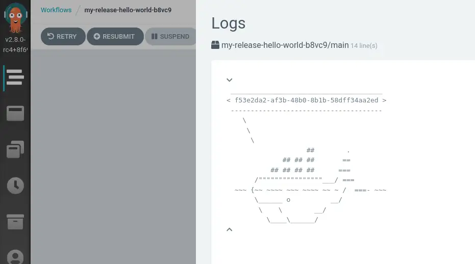 Argo web UI, showing the workflow output