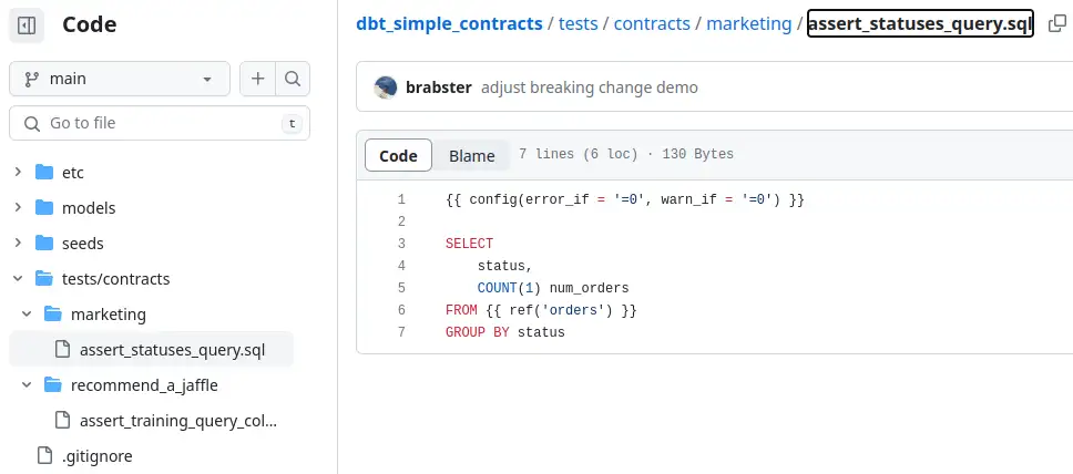 Screenshot of repository showing the contracts directory structure with a marketing dir containing the marketing test and a recommend_a_jaffle dir containing the recommender test