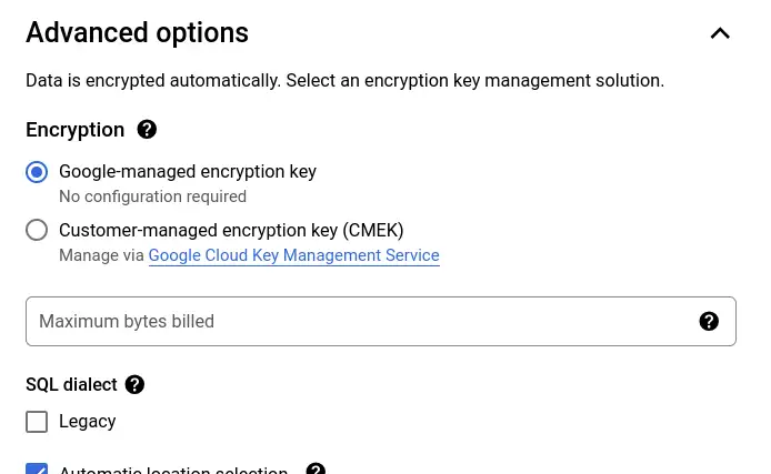 Screenshot of the max bytes billed setting in BigQuery UI