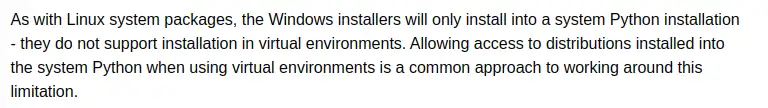 Screen capture of python docs recommending installation to system Python without mentioning risks