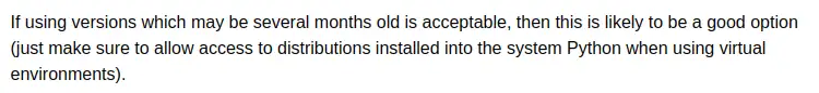 Screen capture of python docs recommending old versions of packages