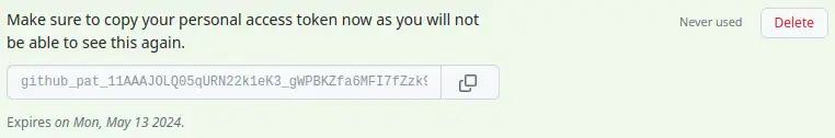Screenshot of GitHub access token value, deleted straight after the screenshot!