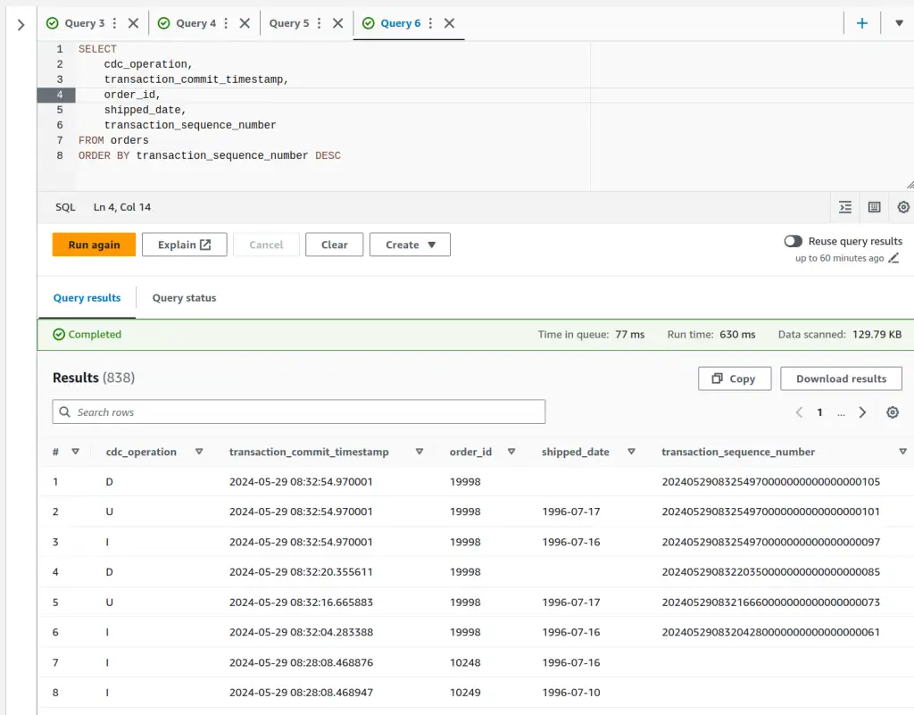 Athena query editor showing the query results for selecting rows from orders by transaction_sequence_number