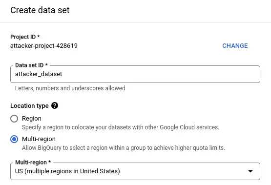 BigQuery console showing create panel for attacker_dataset in the US multi-region