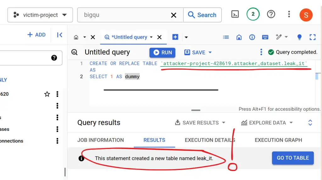 BigQuery showing the SQL query and a successful status, with an exclamation next to the success indicator