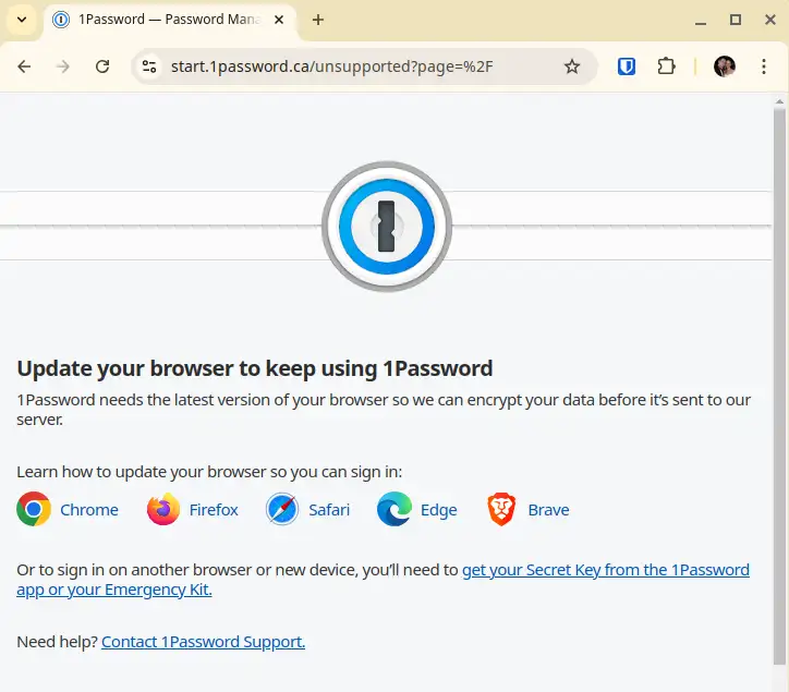 1password reporting an error and suggesting upgrading the browser