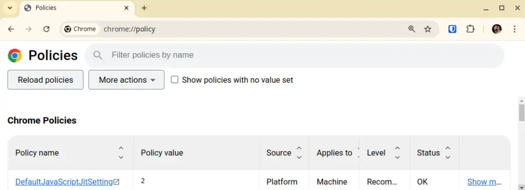 Chrome policies showing DefaultJavaScriptJitSetting