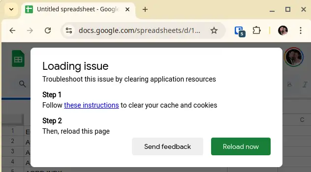 Google Sheets reporting an error and suggesting to clear cookies and site data